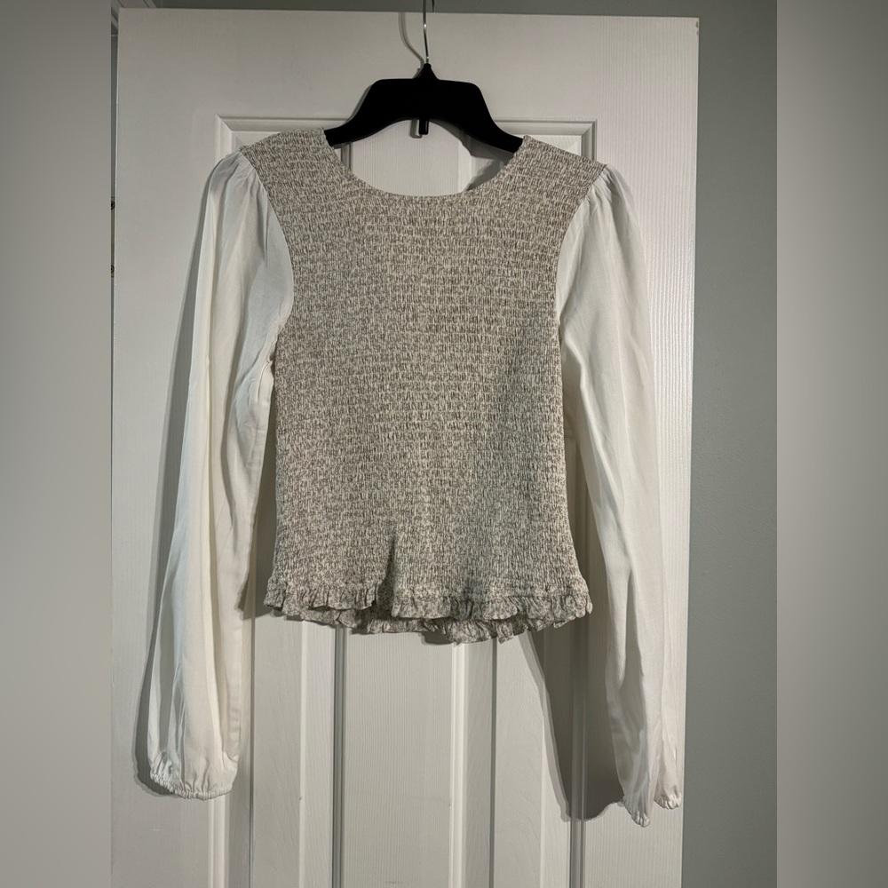 Hem & Thread Textured Tan Blouse with Cream Sleeves